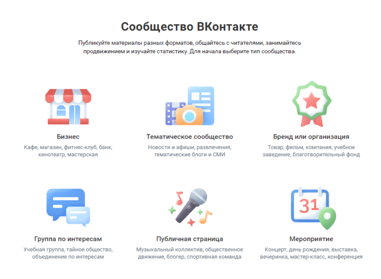 Выбор типа сообщества для Вконтакте